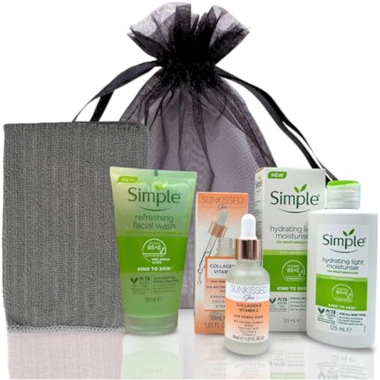 Simple Skincare Set, Simple Face Wash Set, Hydration Face Wash, Sunkissed Skin firming Serum and Moisturiser Regime Bundle, Simple Skincare Gift Set (Grey)