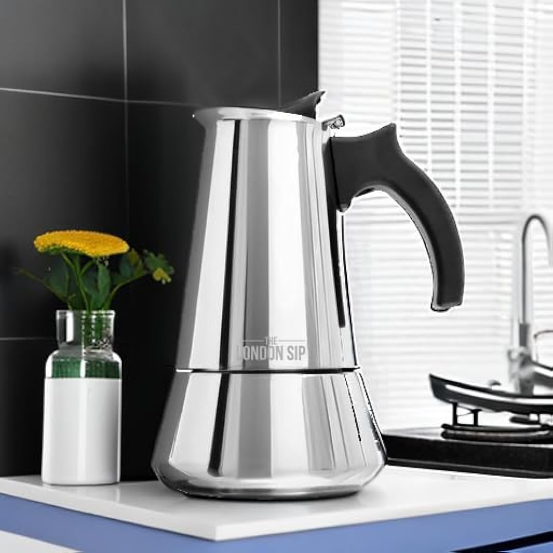 The London Sip Stainless Steel Induction Stovetop Espresso Maker - Make Cafe Quality Italian Style Coffee at Home with This Premium Moka Pot in Modern Chrome Company. (Silver, 3 Cup)