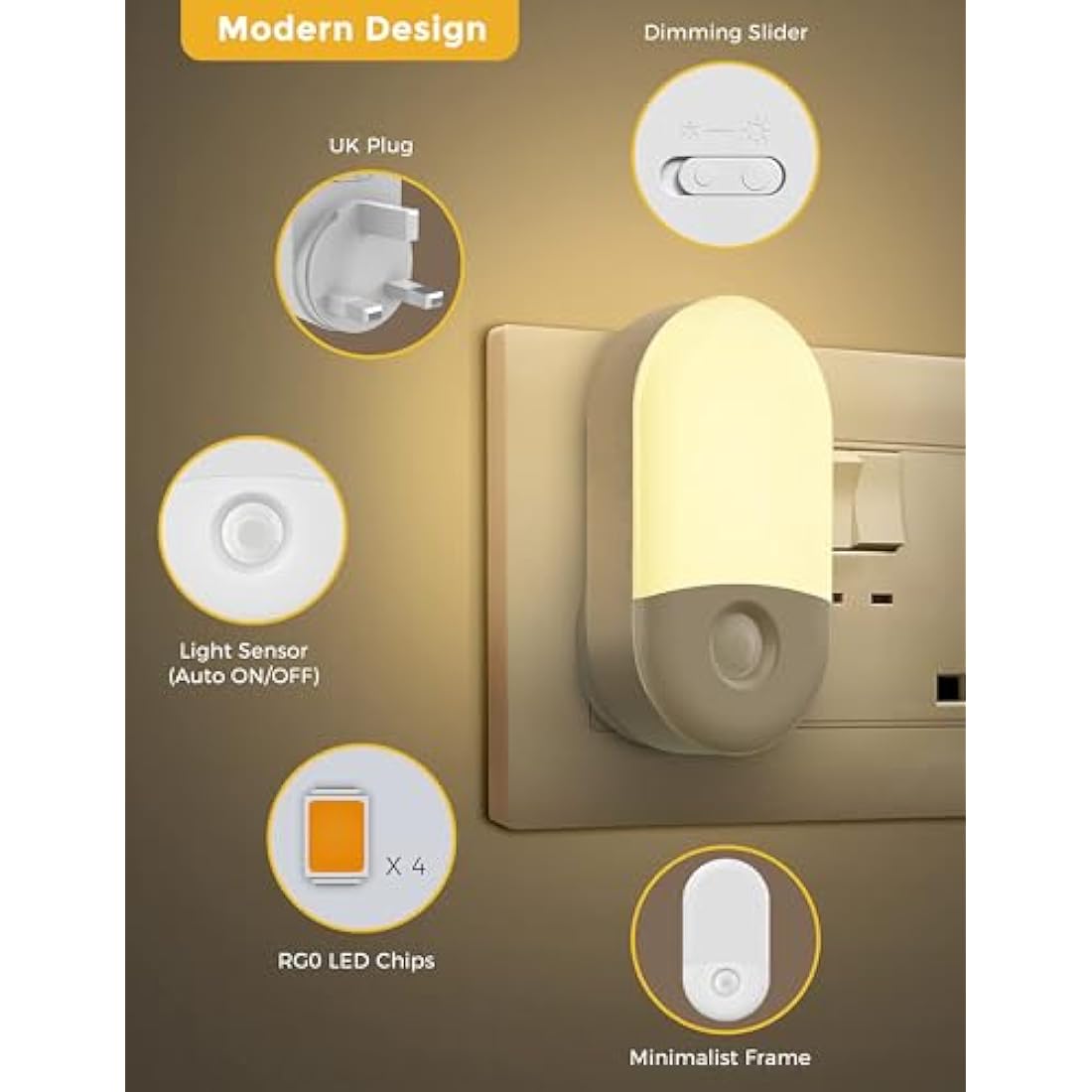 LOHAS-LED Night Light, [2 Pack] Night Light Plug in Wall with Dusk to Dawn Photocell Sensor, Brightness Adjustable, 3000K Warm White, Nightlight for Hallway, Bedroom, Kitchen