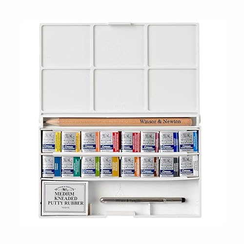 Winsor & Newton, Cotman Watercolour, ‘Complete Pocket Set’, 16 x Half Pans + 1 x Travel Brush PLUS 1 x Kneaded Eraser + 1 x Pencil