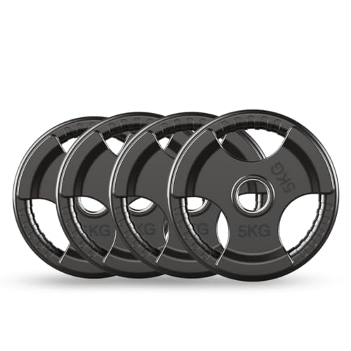 PhysKcal Olympic Weight Plates 4x5kg with Rubber Finish 2?? Opening and Tri-Grips, Black Barbell Plates Discs in Pair for Lifting and Strength
