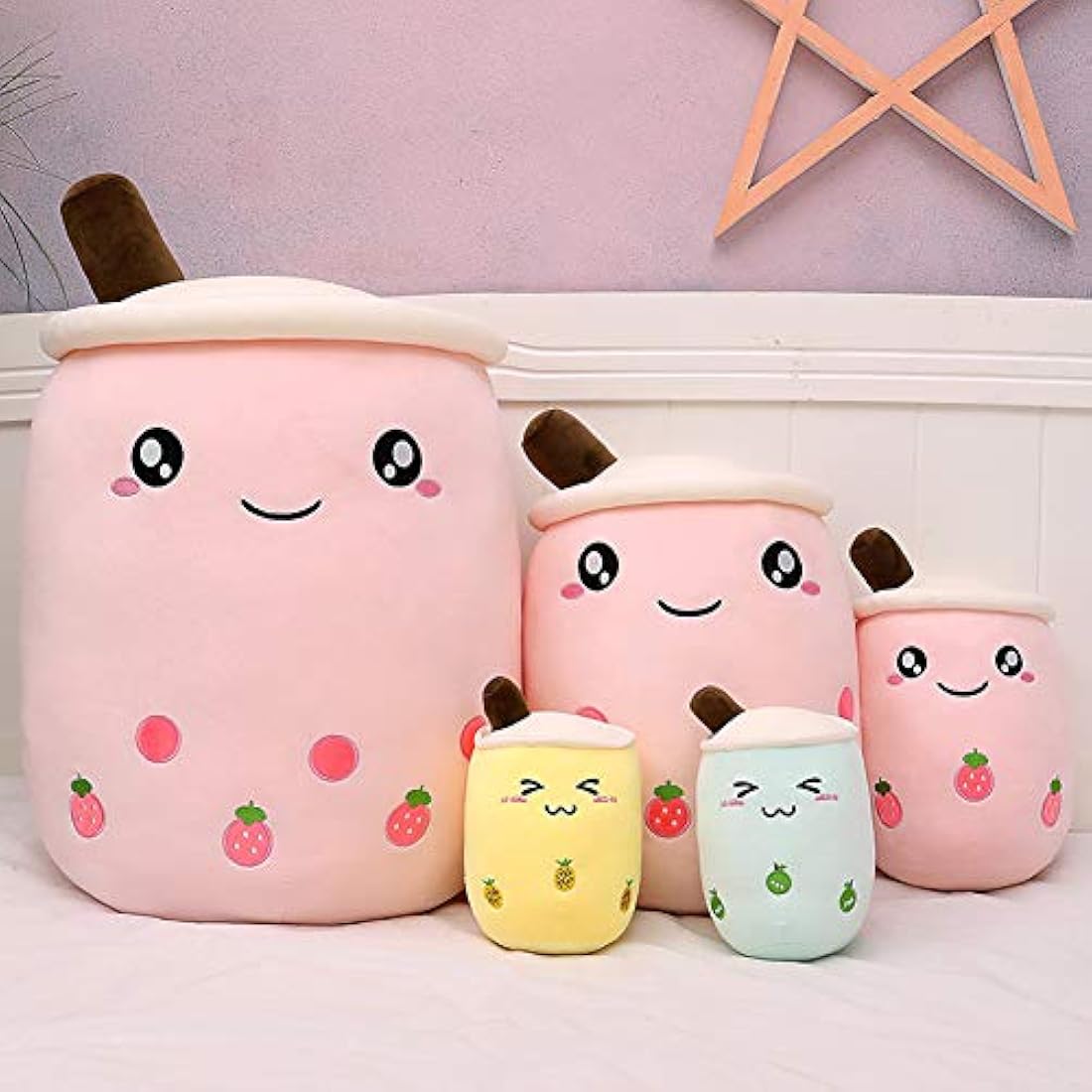 AMOZO Cute Cartoon Boba Milk Tea Soft Plush Doll, Giant Boba Bubble Plushie Stuffed Tea Cup Pillow Gift Toys(Pink,24cm)