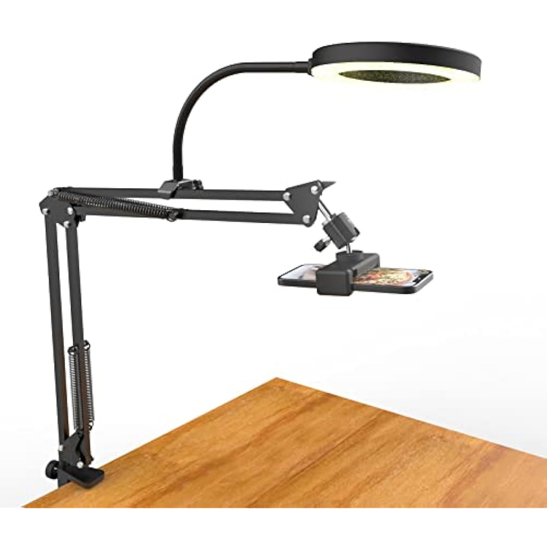 Overhead Phone Mount with Ring Light, Flexible Articulating Phone Arm Stand Compatible with iPhone, Logitech Webcam, Desk Tripod for YouTube Live Stream Cooking Nail Video Recording