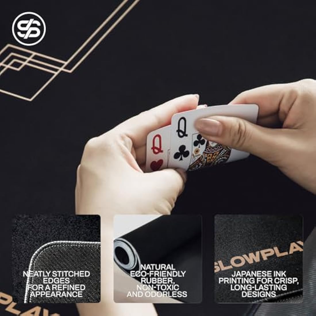 SLOWPLAY Godel 120x70cm Texas Hold'em Poker Mat | Poker Table Top with Durable Hemmed Edges, Extra Water Repellent, Noise Reduction, Super Portable for Games Everywhere (Black and Champagne Gold)