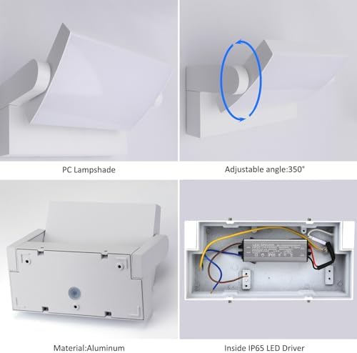 Klighten 24W LED Wall Light Outdoor Indoor Waterproof IP65 Wall Lamp Modern Aluminum Outside Wall Light with Swiveling LED Panel for Entrance Garden Corridor, White, Cold White 5700K-6000K