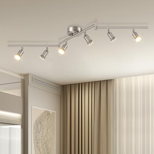Dehobo Ceiling Spotlight Rotatable - Matte Nickel 6 Way GU10 LED Ceiling Light 350° Swivelling Adjustable Modern for Kitchen Living Room Bedroom, No Bulbs