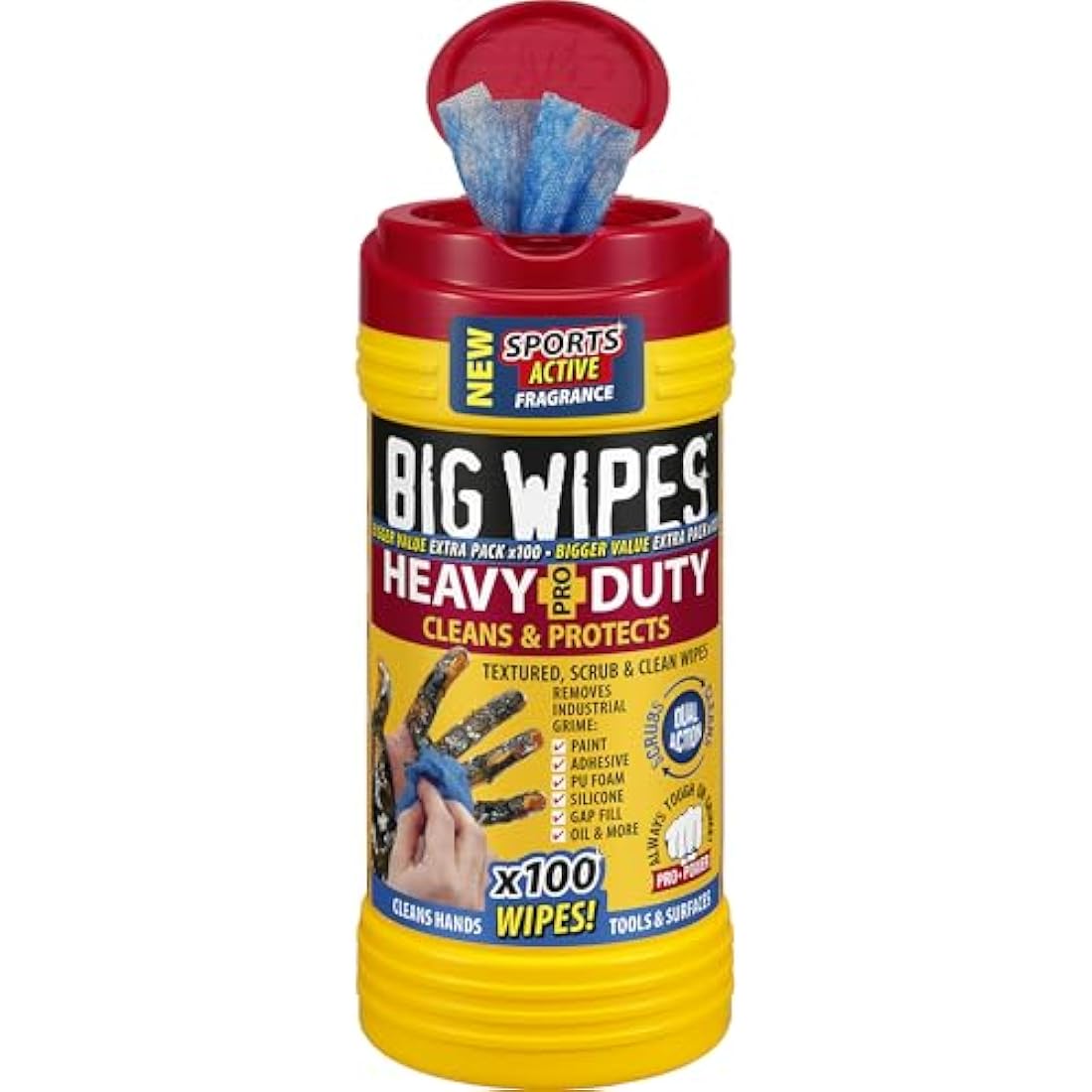 Big Wipes Heavy Duty Pro+ Hand Wipes in Dispenser Tub (x100) Textured Dual-Sided with Skincare. Ultra Efficient on Grime. Heavy Duty & Industrial Cleaning Products for Tradespeople