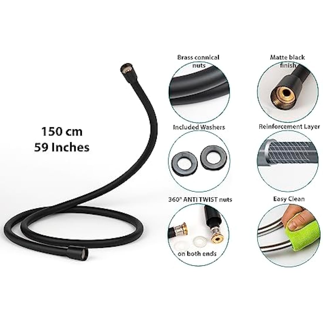YOSSEE PVC Smooth Shower Hose 1.5M / 59 Inch with Anti-Twist Brass Connections - Universal Replacement, Flexible, Kink and Leak Proof (Black)