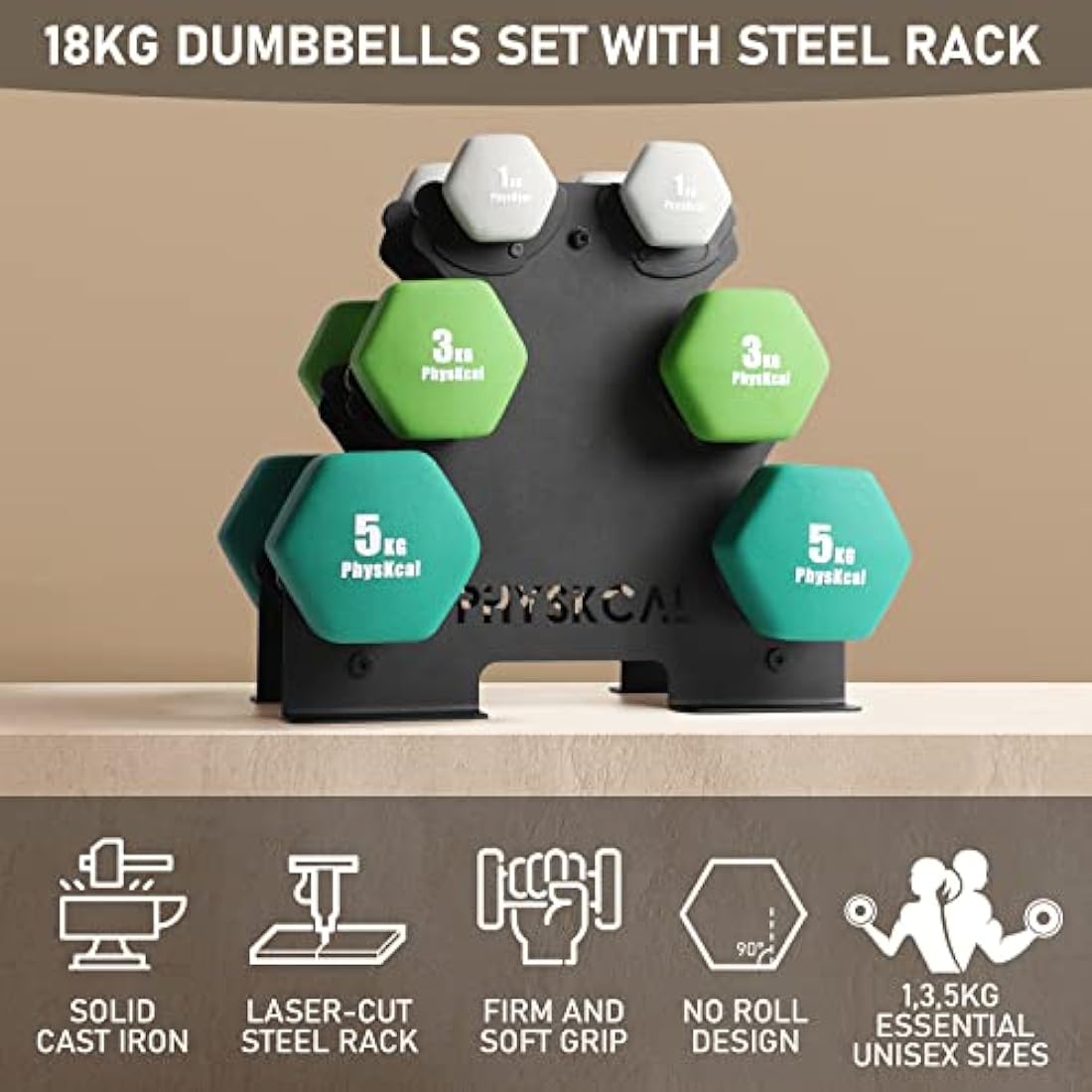 PhysKcal Dumbbells Set with Storage Rack, Hand Weights Set for Home, Gym & Studio
