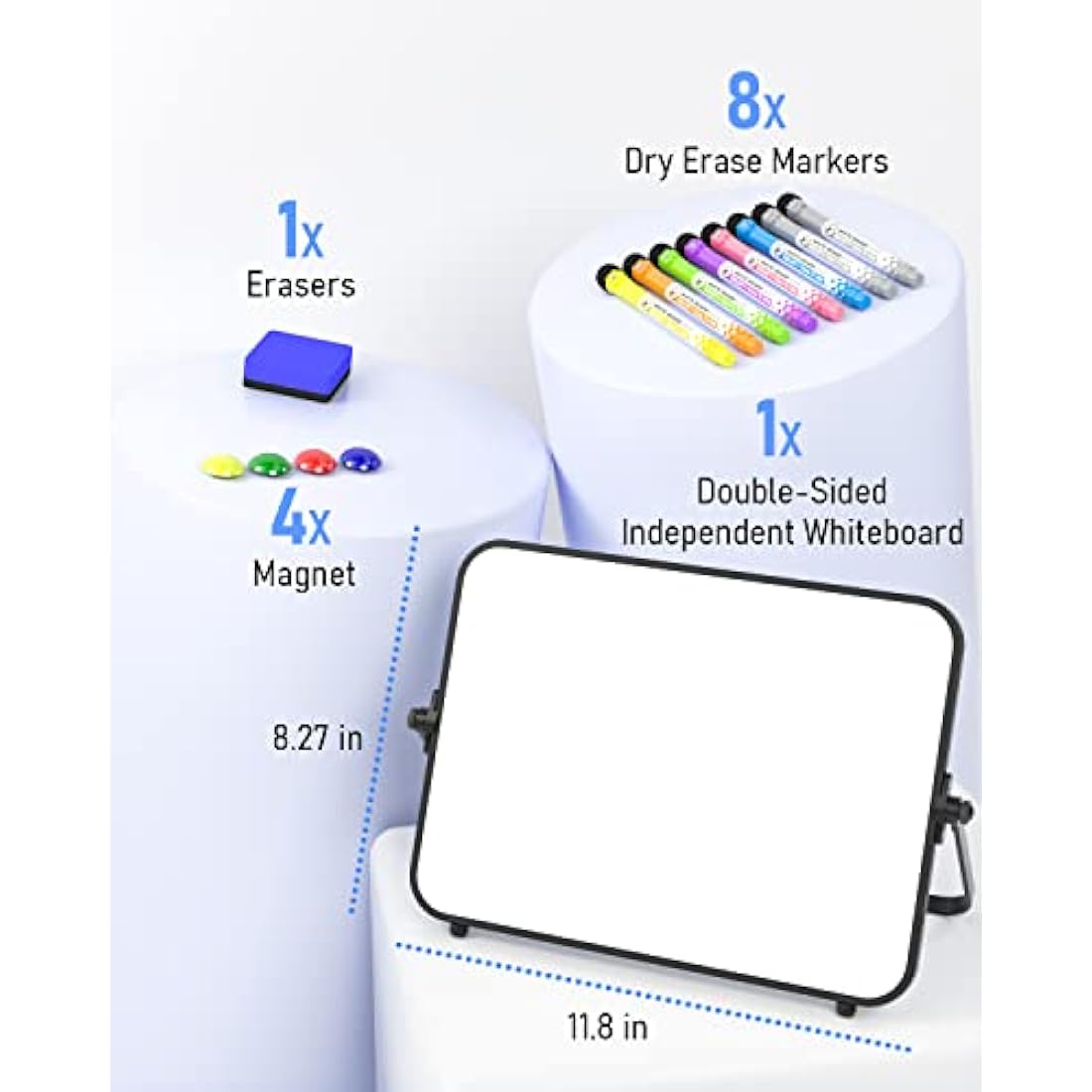 Nicpro Dry Erase Small Whiteboard A4 with Non-Slip Stand, 21 x 30 cm Double Sided Magnetic Desktop White Board with 8 Pens, Eraser, Magnet, Portable Writing Easel for Kid Drawing Student Classroom Use