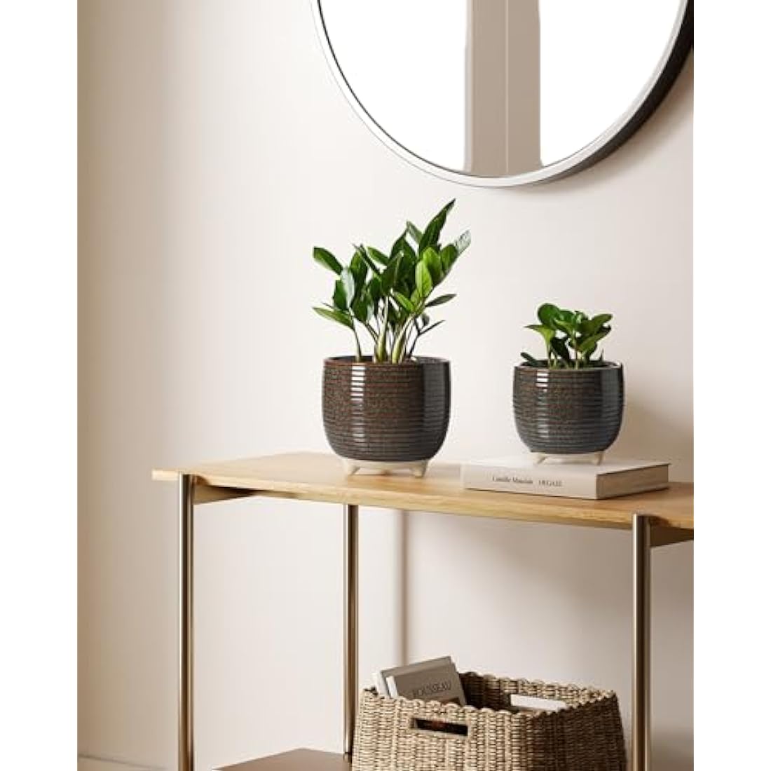 LE TAUCI Ceramic Plant Pots, 12 + 16 cm Footed Pots for Plants, Cute Modern Flower Pots for House and Office, Small Indoor Planters with Drainage, Reactive Glaze Black
