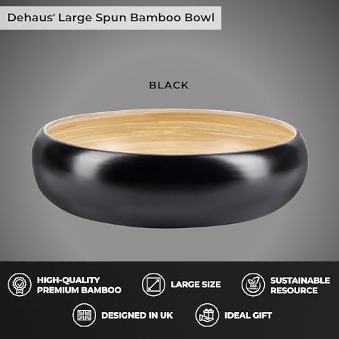 Dehaus® Large Stylish Bamboo Fruit Bowl - 30cm, Black - Wooden Salad Serving Bowl - Fruit Basket for Kitchen or Bread Basket - Table Centrepiece Decoration - Home & Kitchen Tableware Accessories