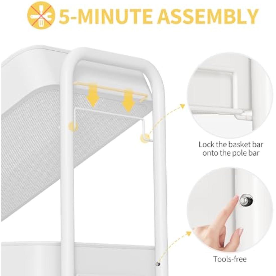 Urackify Storage Trolley on Wheels for Variety Applications, 3 Tier Trolley with Extra DIY Pegboards,Handing Bins, and Hooks for Living Room, Kitchen, Bathroom, Office, Classroom, White