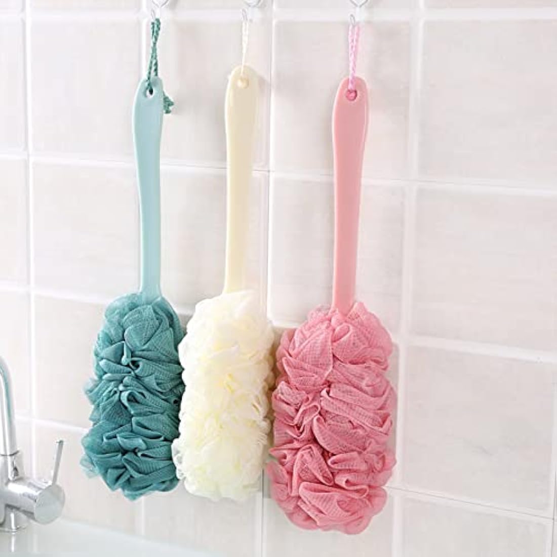 2 Pack Loofah Bath Brush with Long Handle Bath Shower Back Scrubber Body Brush for Men and Women Pink and Blue
