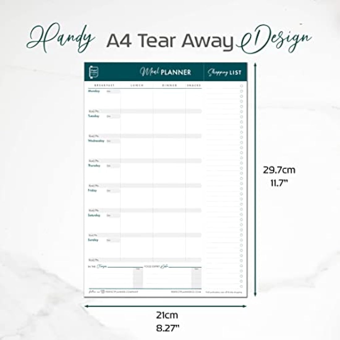 Perfect Planner Company - Magnetic Weekly Meal Planner Pad - A4 Tear Away Design - Perforated Shopping List - Calorie Tracker and Food Expiry Date - Teal - Portrait 50 Pages