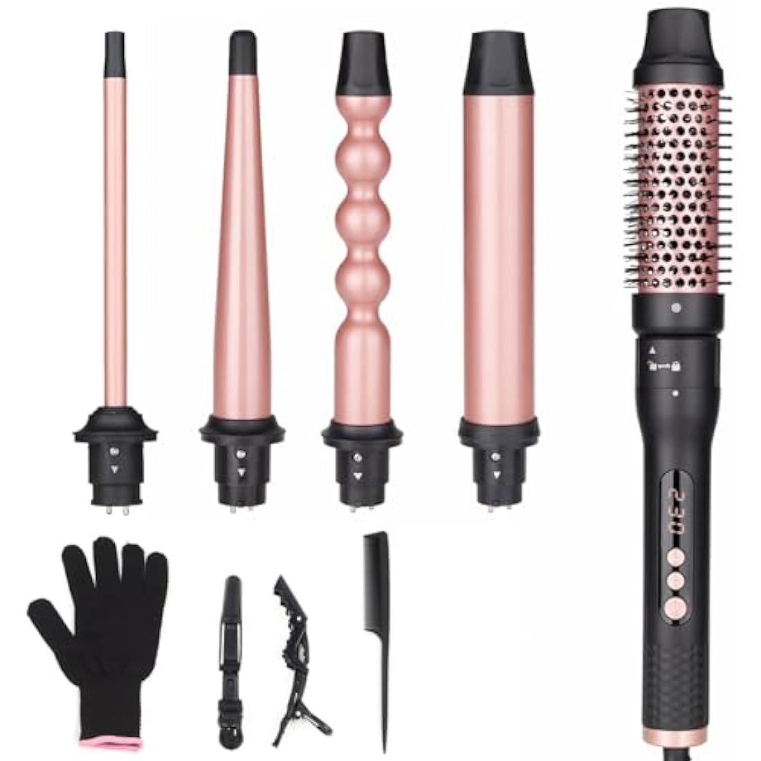 UNOBEY 5 in 1 Curling Wand Set, Curling Brush Curling Iron Set with Curling Brush and 4 Interchangeable Ceramic Curling Wand(0.5”-1.25”), Fast Heating, Include Glove & 2 Clips