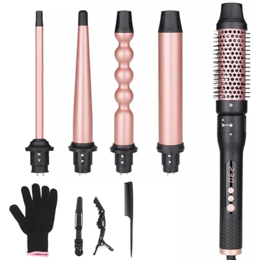 UNOBEY 5 in 1 Curling Wand Set, Curling Brush Curling Iron Set with Curling Brush and 4 Interchangeable Ceramic Curling Wand(0.5”-1.25”), Fast Heating, Include Glove & 2 Clips