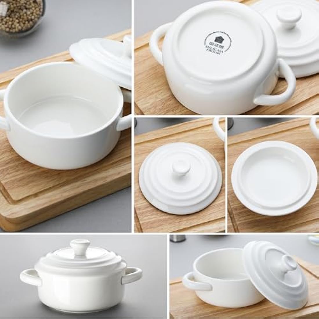 MALACASA Casserole Dishes for the Oven, 440ML 4.8" Small Porcelain Ramekins with Handle and Lid, White Mini Cocotte of 4, Ceramic Dutch Oven Set for Lasagna, Soufflé, Soup, Oven Proof Bakeware
