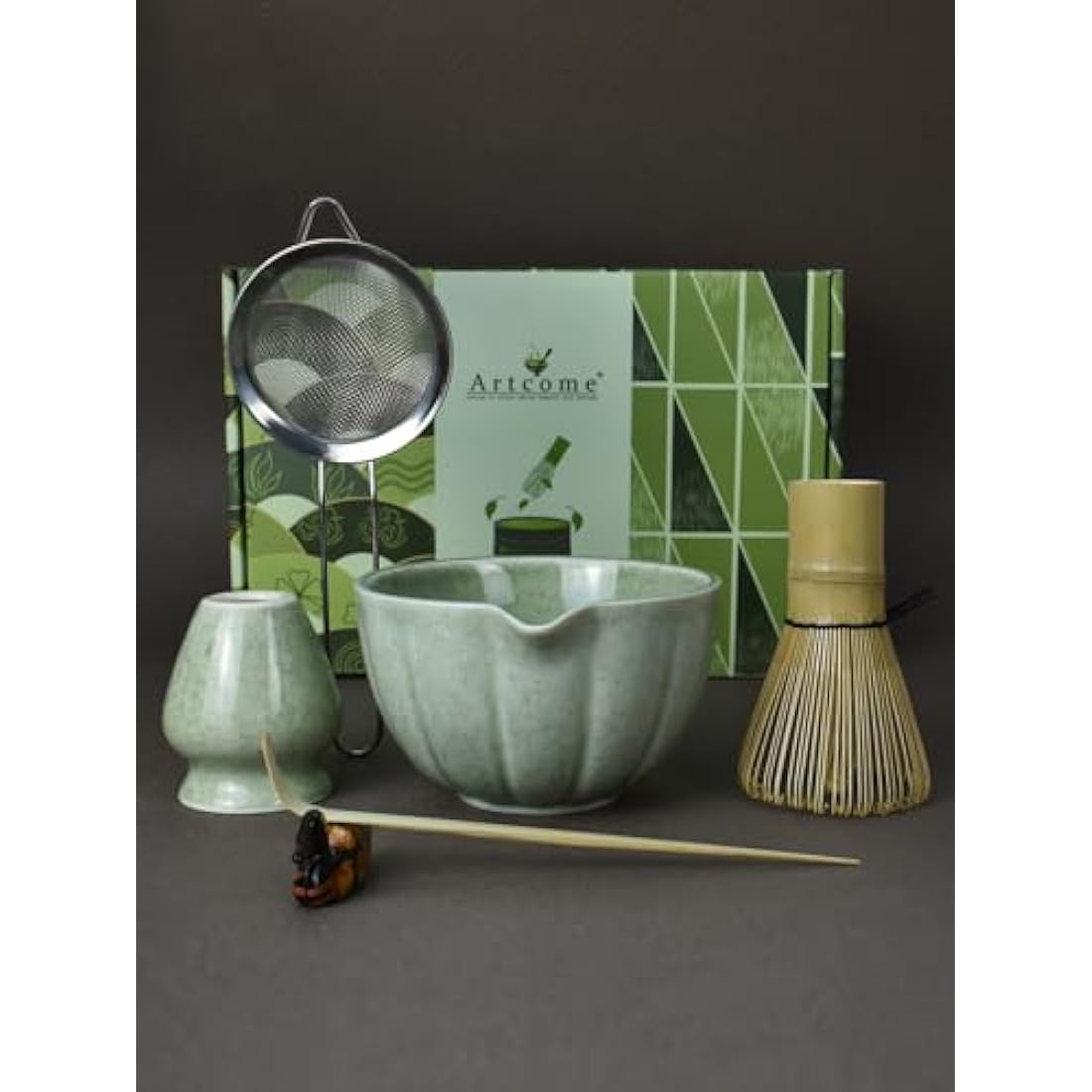Artcome 6-Piece Japanese Tea Set, Matcha Bowl with Spout, Whisk, Scoop, Holder - Handmade Ceremony Kit