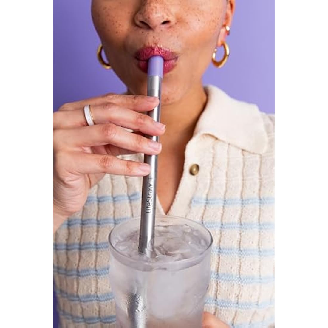 LifeStraw Sip – Reusable Stainless Steel Water Filter Drinking Straw with Carry Case, Removes Microplastics, Bacteria and Parasites for Travel and Everyday Use, Thistle Purple