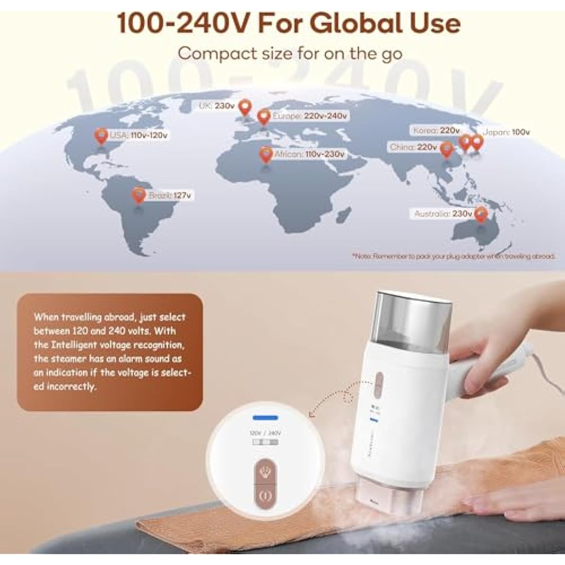 Newbealer Dual Voltage Travel Clothes Steamer - 220V/120V, 1200W Portable Garment Steamer with 180ml Detachable Water Tank, Horizontal & Vertical Steaming, Auto-Off, 20s Fast Heat Up, Gold