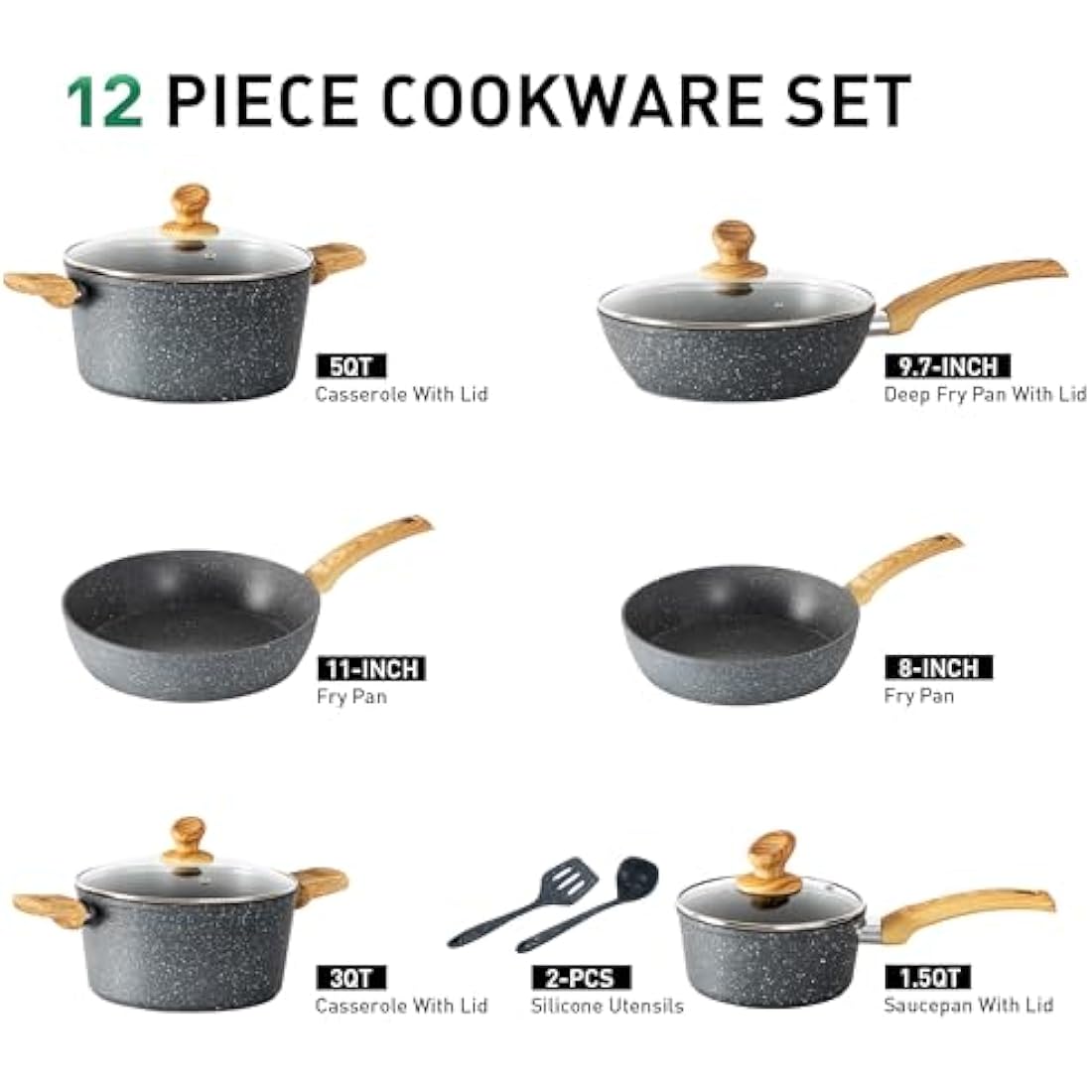 Kitchen Academy 12 Pieces Nonstick Pots and Pans Set, Induction Cooking Pan Set, Non Stick Saucepan Set, Frying Pan Set (Grey)