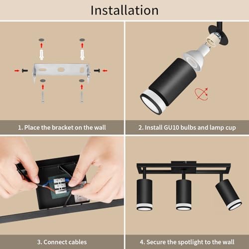 Dehobo GU10 Ceiling Lights LED Kitchen, Black Ceiling Spotlights 3 Flames Swiveling 350°, Ceiling Spotlight Bar Spotlighting for Kitchen Bedroom Living Room, No Bulb