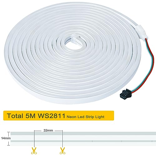 Tesfish 12V WS2811 Neon LED Strip Lights, RGB LED Pixel Strip 5 Meters Flexible IP65 Waterproof Tape Full Color Individually Addressable Smart Light