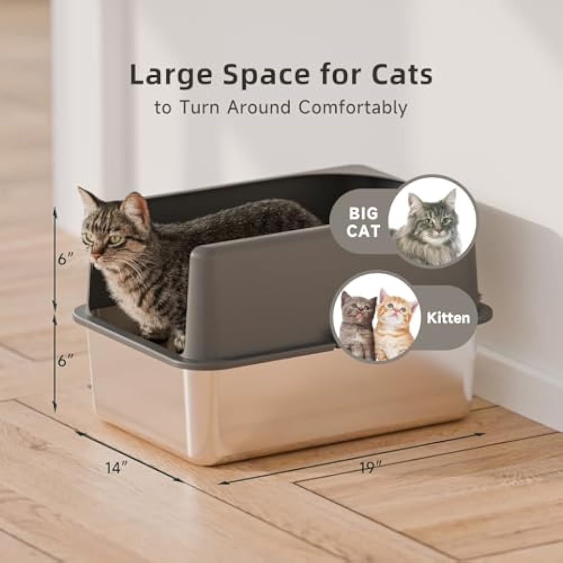 Bsadne High-Sided Stainless Steel Cat Litter Box with Lid, Medium, Easy-to-Clean Metal Litter Pan for Cats (20" L x 14" W x 12" H with Enclosure)
