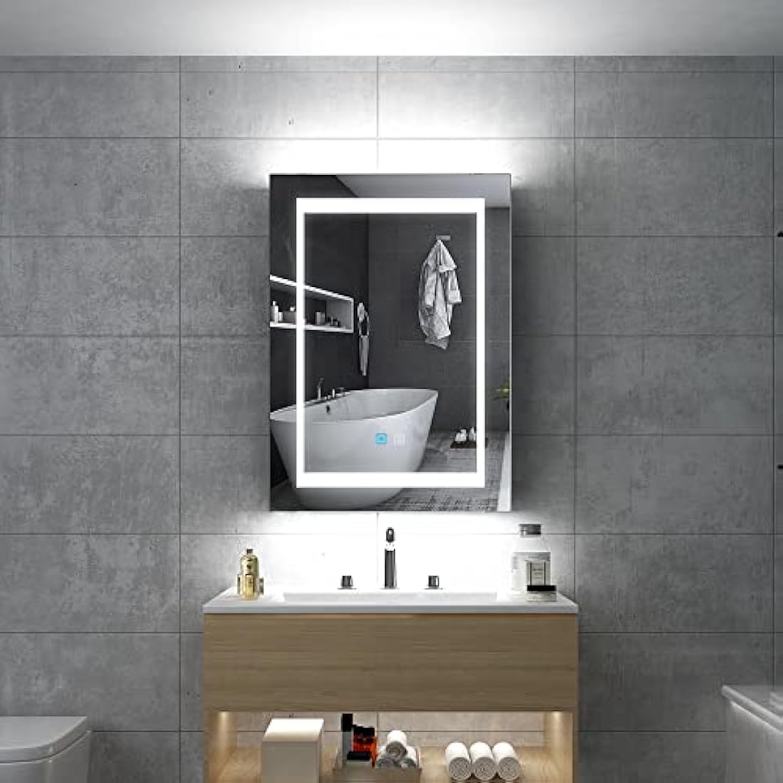 Tokvon® Viewfinder Bathroom Mirror Cabinet Wall Mounted LED Backlit light LED Dimmer with dual plug shaver socket Anti-fog Demister 500x700mm Aluminum