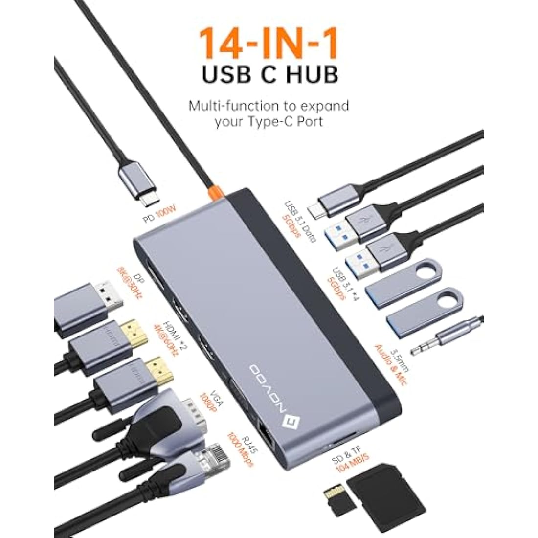 USB C Docking Station Quad Display, 14-in-1 Laptop Docking Station Dual Monitor, 8K@30Hz DP, Dual 4K@60Hz HDMI, VGA, 5 USB Data Ports, 100W PD, Ethernet, SD/TF, Mic/Audio, USB C HUB, Thunderbolt Dock