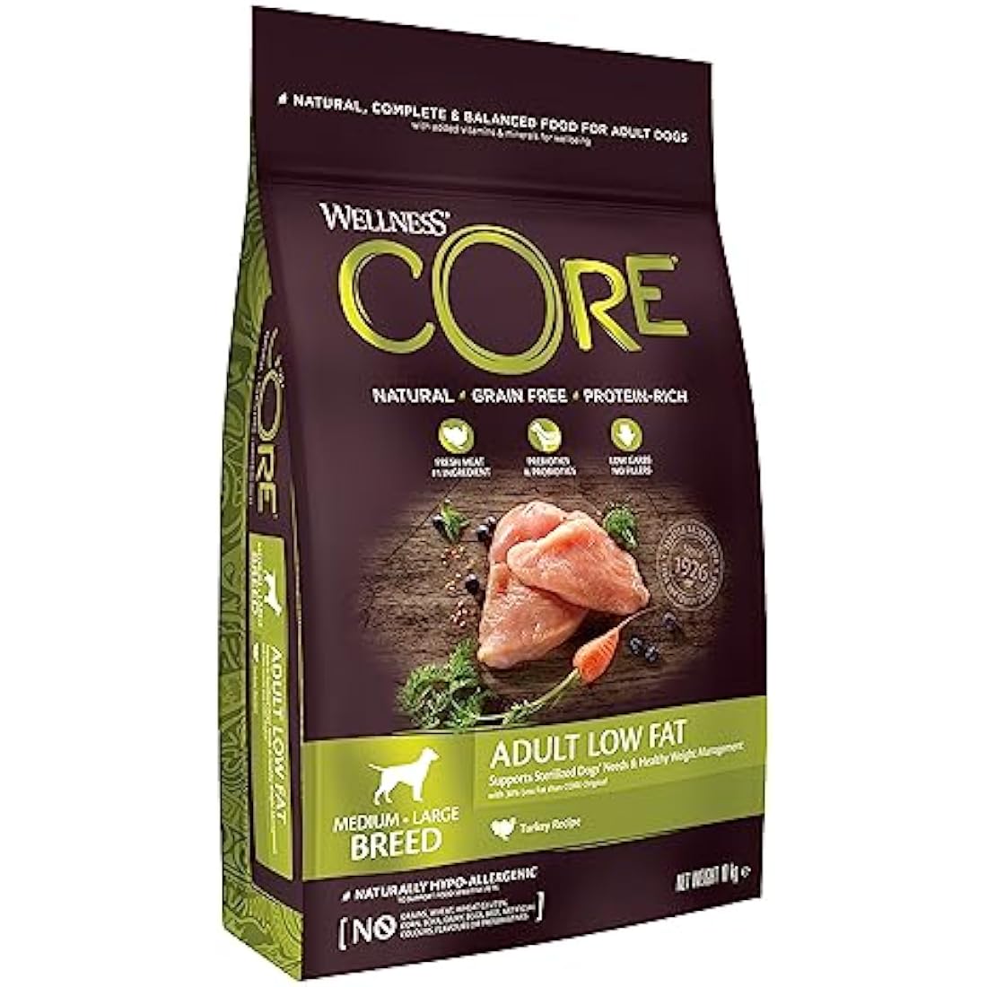Wellness CORE Adult Low Fat, 10kg, Turkey, Dry Dog Food for Medium to Large Breeds, Grain-Free, High Meat Content, Protein-Rich, Low in Fat, Supports Healthy Weight Management