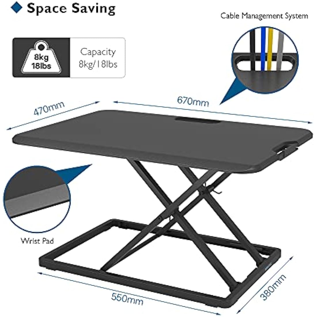 BONTEC Standing Desk Converter 67x47cm, Height Adjustable Sit Stand desk Converter Workstation, X-Frame Desk Riser for Laptop, Monitor, Keyboard Home Office, Ultra-Slim Desk Raiser up to 8kg