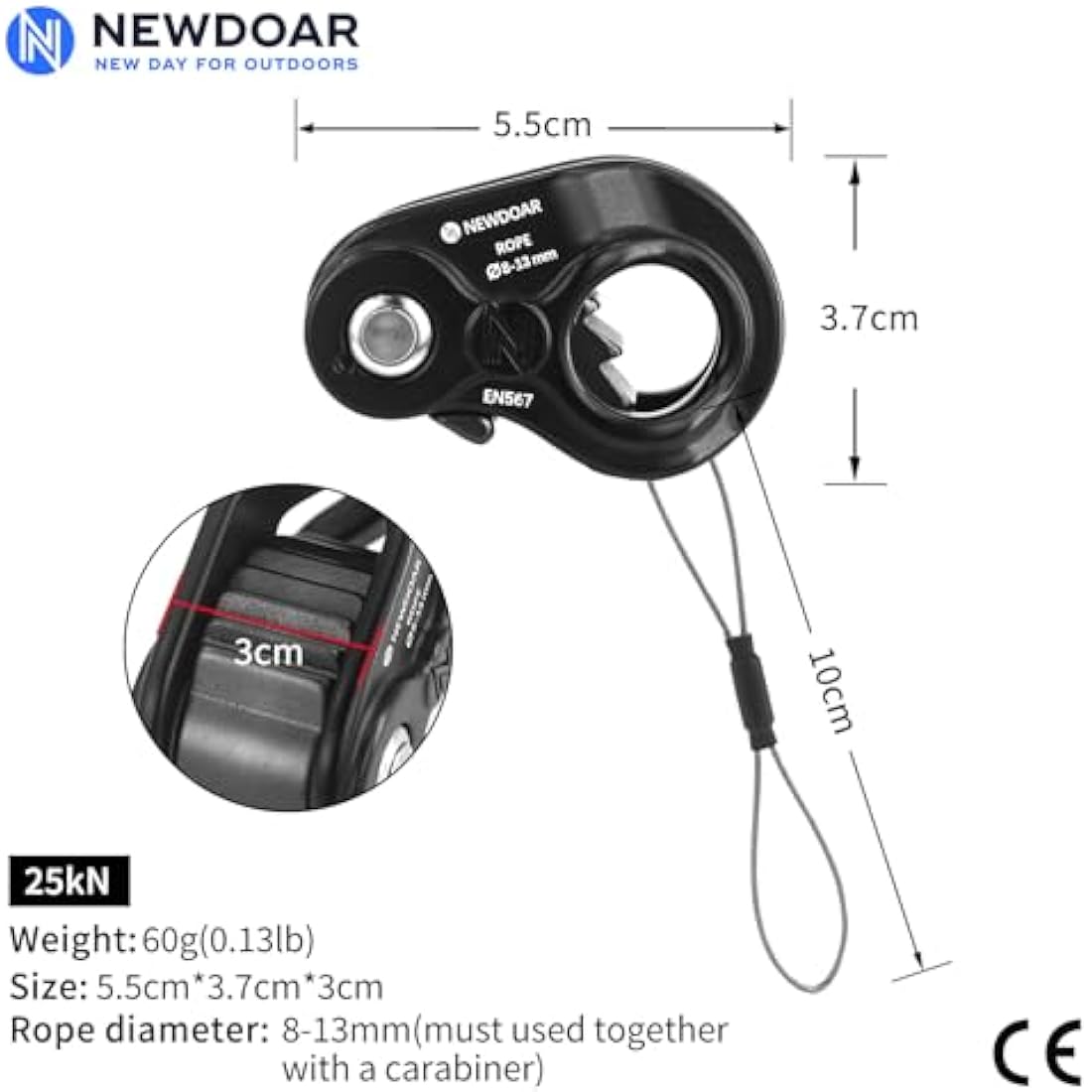 NewDoar Rope Ascender Lightweight Rope Clamp Ascender Riser Adjuster Fits 8-13mm Rope Self-Locking Grip for Rock Climbing,Hunting,Protection Rescue,Rappelling,Arborist,Gear Equipment