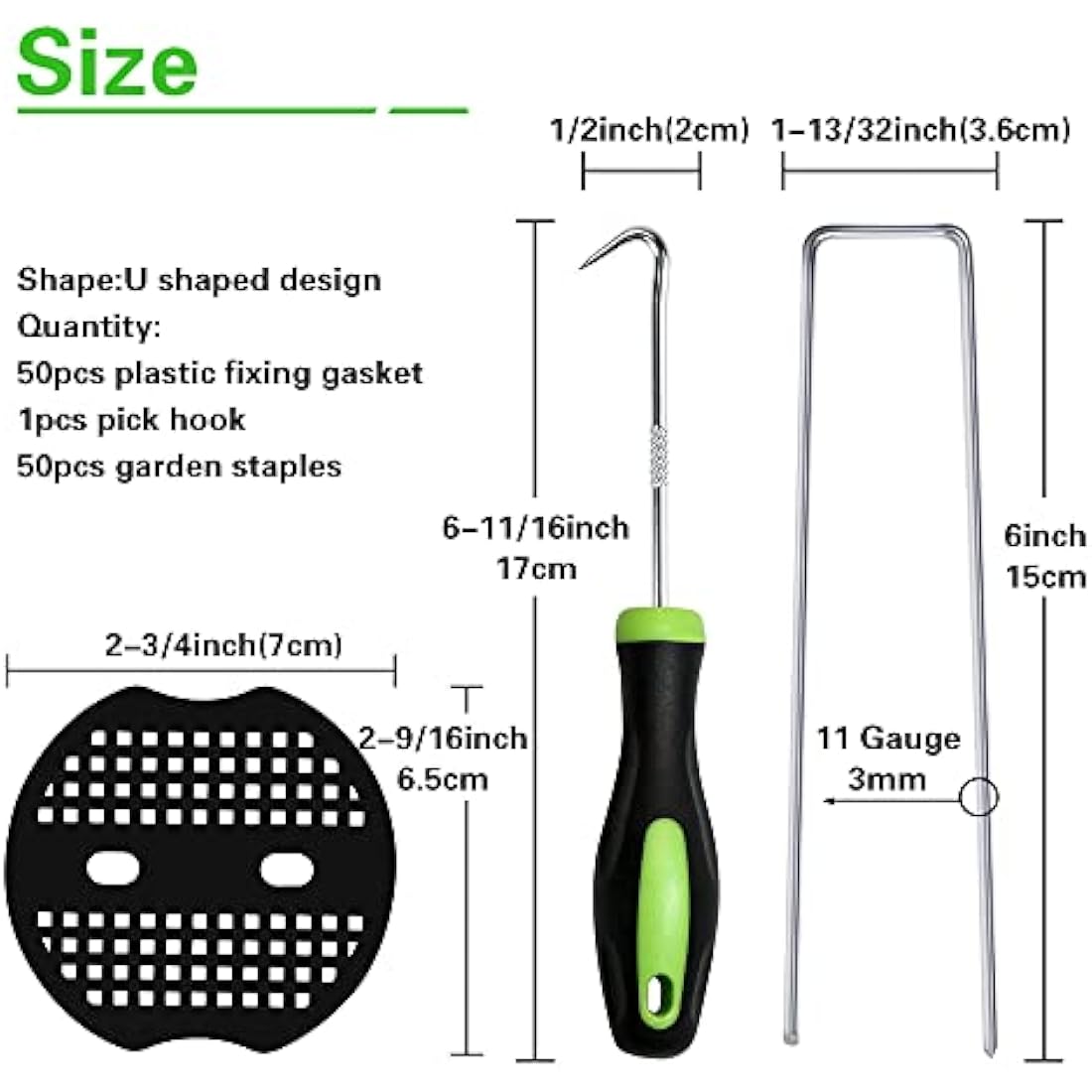 Bakulyor 50 Weed Control Membrane Pegs + 50 Buffer Washer, 6"/150mm Weed Mat Metal Garden Landscape Staples Artificial Grass Pins Ground Cover Mossing Fabric Artificial Barrier Pegs Accessories