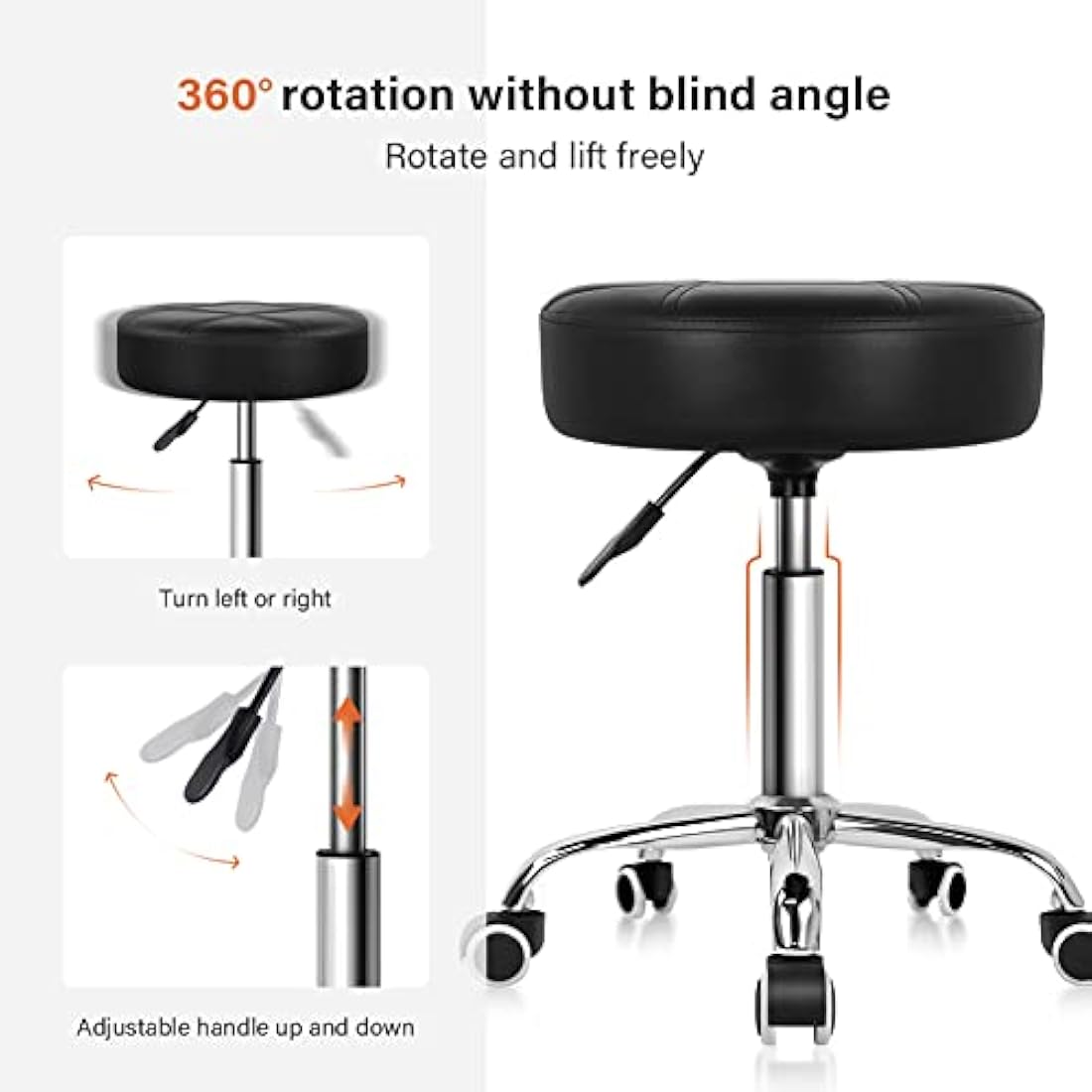 KKTONER Round Rolling Stool Chair PU Leather Height Adjustable Shop Stool Swivel Drafting Work SPA Salon Stools with Wheels Office Chair (Black)