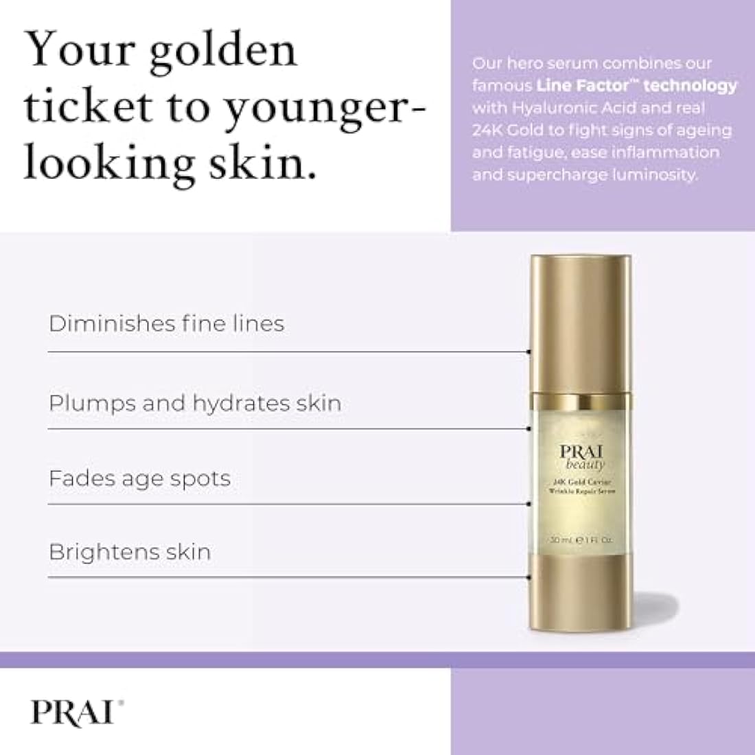 PRAI 24k Gold Caviar Wrinkle Repair Serum 30ml - Intensive Real 24K Gold - Advanced Anti-Aging, Anti-Wrinkle Skincare - Hydrates, Firms & Brightens Skin - With Hyaluronic Acid - Younger Skin