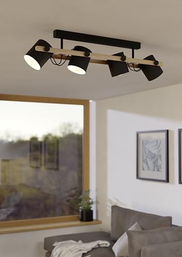 Eglo Ceiling Light Hornwood, 4 Light Vintage and Industrial Style Lighting Made of Black Metal and Natural Wood, Living Room and Bedroom spotlights,