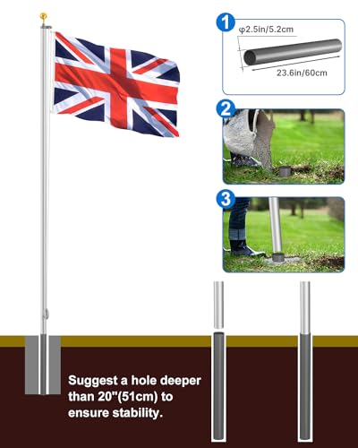 ZMTECH 20FT Sectional Flag Pole Kit for Outside, Aluminium Garden Flag Pole Stand with 2 Flags, Rope and Clips for Festival, Yard, House, Residential