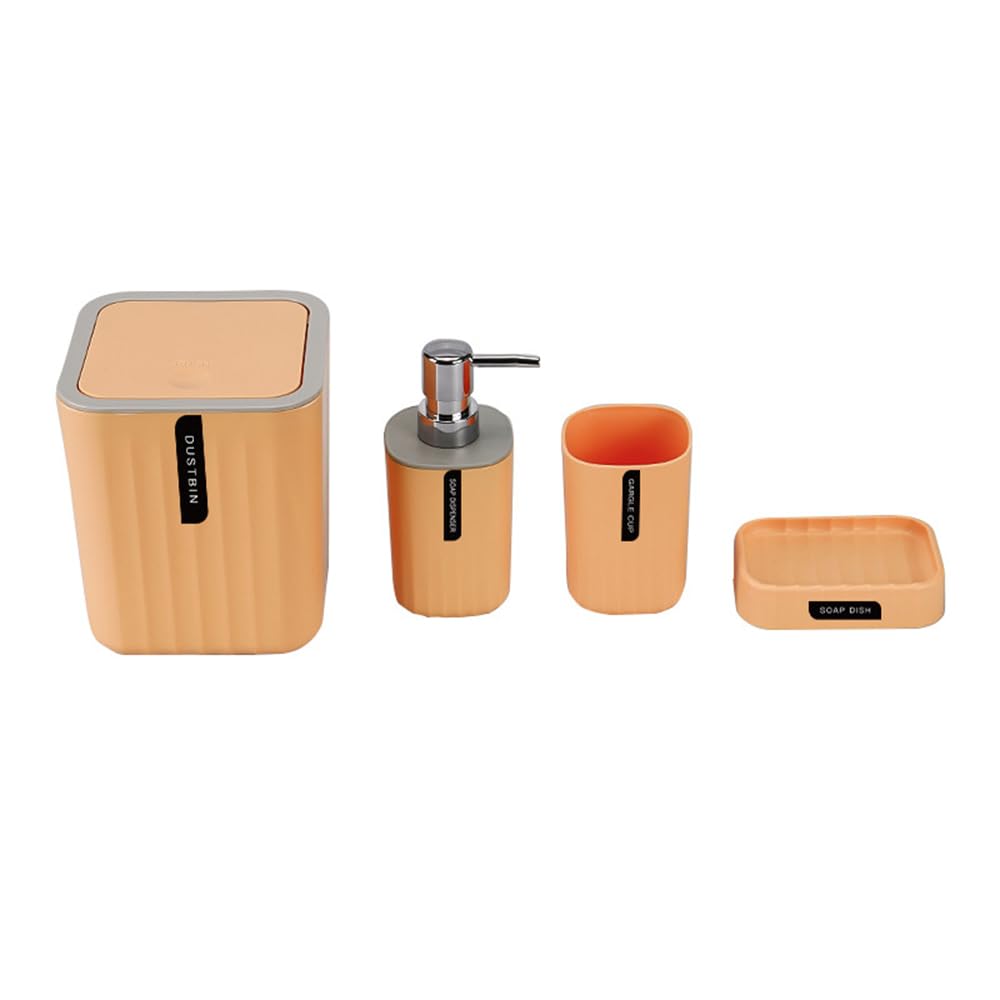 Hosoncovy 4 PCS Bathroom Accessory Set Bathroom Container Set with Soap Dispenser, Bathroom Cup, Soap Dish ，Desktop Trash Can (Yellow)