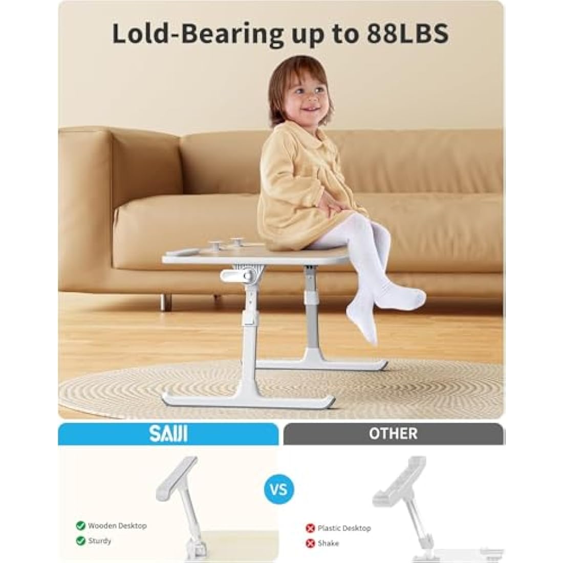 SAIJI Adjustable Laptop Stand, Bed Tray Table, 5 Heights, 4 Angles, Stable Folding Desk for Bed & Sofa, Fits up to 17'' Laptop (60 * 33cm Teak)