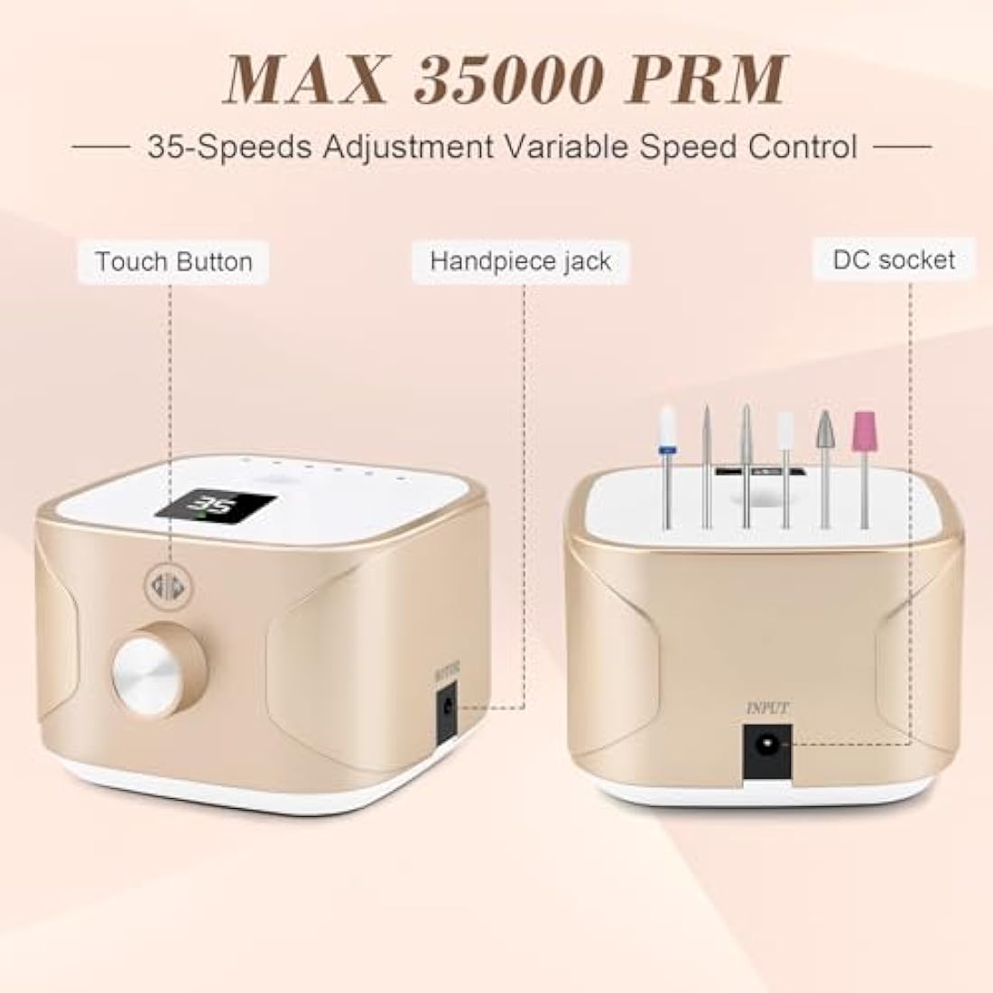 Kredioo Nail Drill 35,000RPM, Electric Nail File for Acrylic and Gel Nails, Professional Nail Drill Machine, Manicure Pedicure Kit with 11 Bits, LCD Display, Touch Button (Gold)