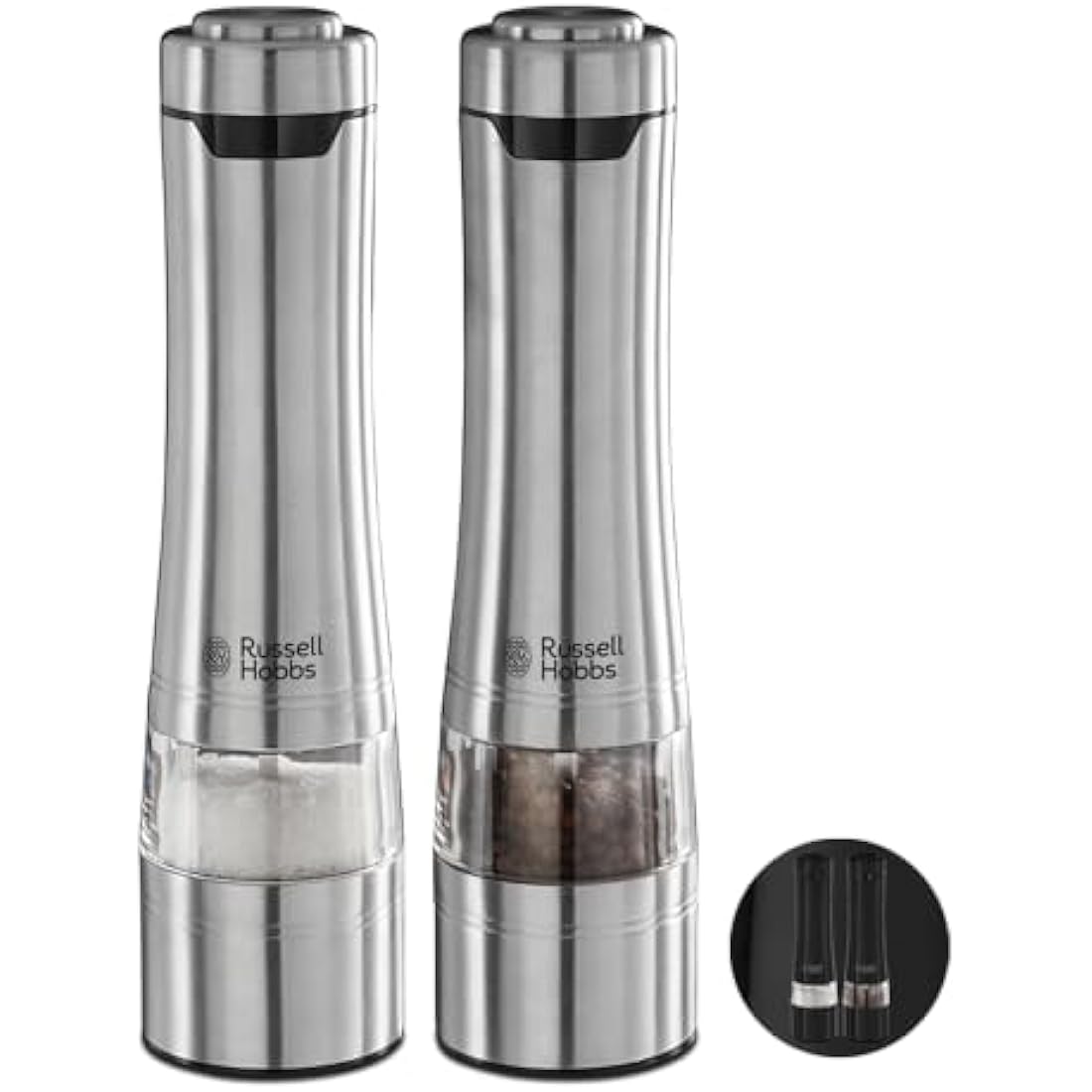 Russell Hobbs Stainless Steel Electric Salt & Pepper Mill Set with adjustable ceramic grinder heads for fine or coarse grinding, Battery operated, Light up during use, One handed operation, 23460-56