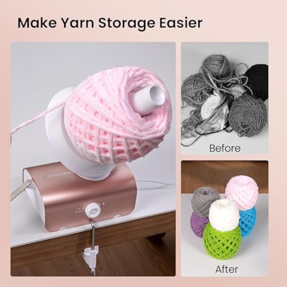 Winartton Yarn Winder, Electric Yarn Ball Winder for Crocheting, Heavy-Duty 10 oz Large Capacity Automatic Yarn Cake Winder Spinner Roller, Ideal Crocheting Tools for Knitting Lovers, Rose Gold