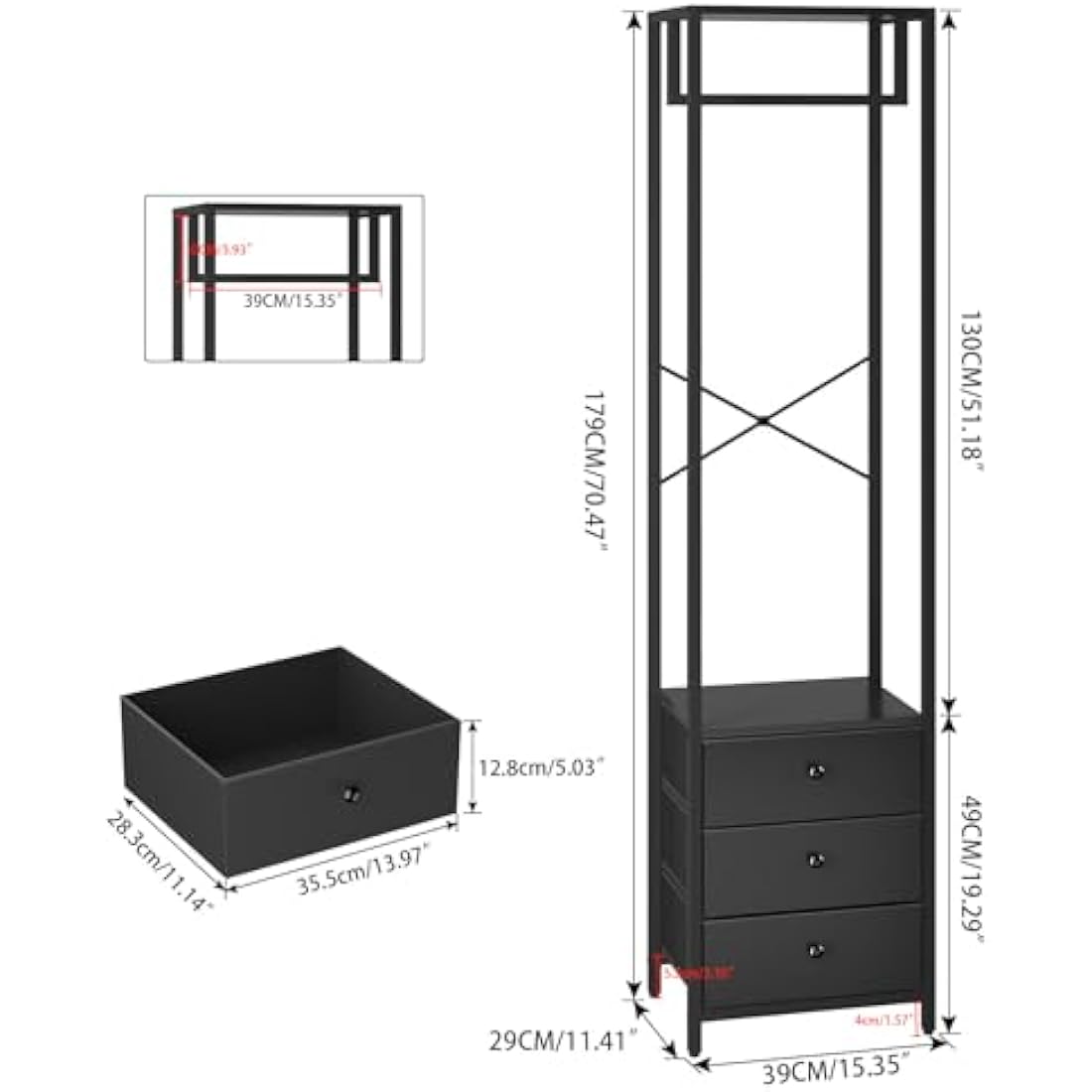 YMYNY Coat Rack with Non-woven Drawer, Freestanding Tall Closet Organizer, Tall Clothes Standing Dresser for Bedroom, Living Room, Entryway, 39×29×179CM Black HGR001B