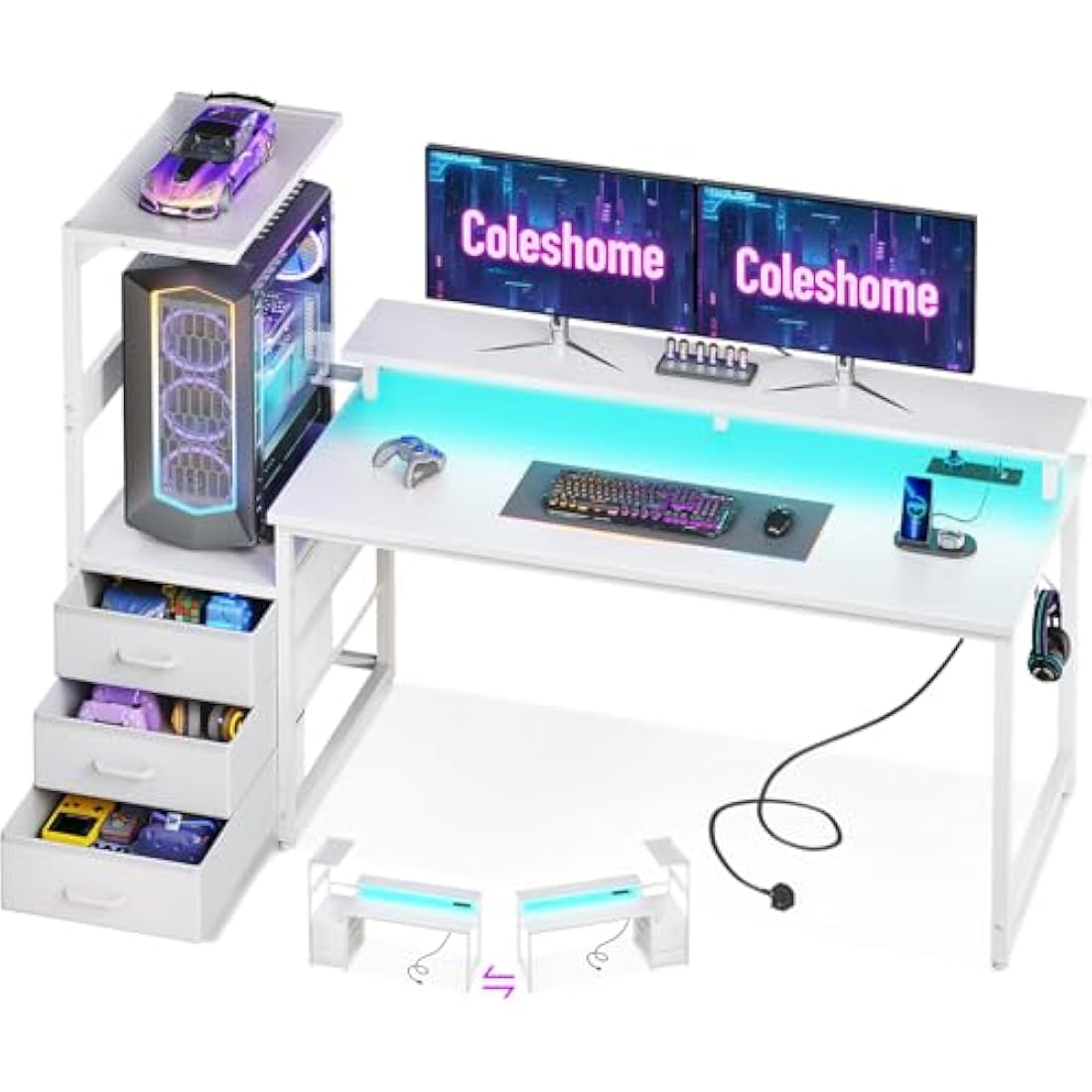 Coleshome 150×50 cm Gaming Desk with LED Lights & Power Outlet, Reversible Computer Desk with Drawers, Gaming Table with Storage & Monitor Stand, Carbon Fiber White