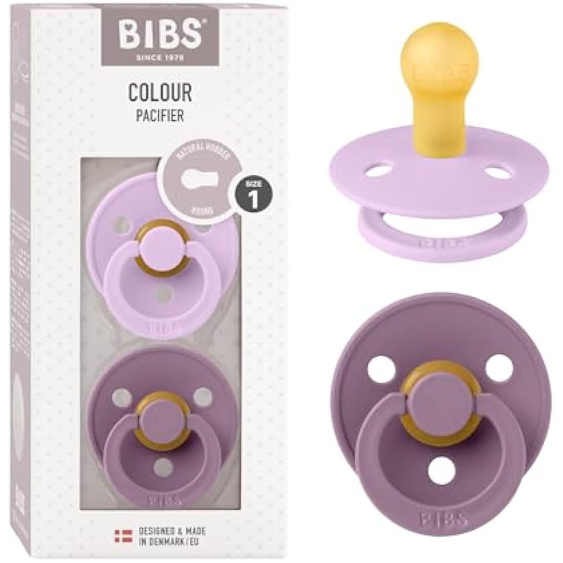 BIBS Colour Soother 2-Pack, BPA Free Dummy Pacifier, Round Nipple. Natural Rubber Latex, Made in Denmark, Size 1 (0-6 Months), Violet Sky/Mauve