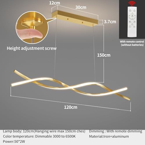 Mikeru 120cm Modern Wave Pendant Light, Gold Kitchen Island Lights Dimmable 10% to 100% Height Adjustable Chandelier 3000K/4500K/6000K 3 Color Change with Memory Function for Restaurant