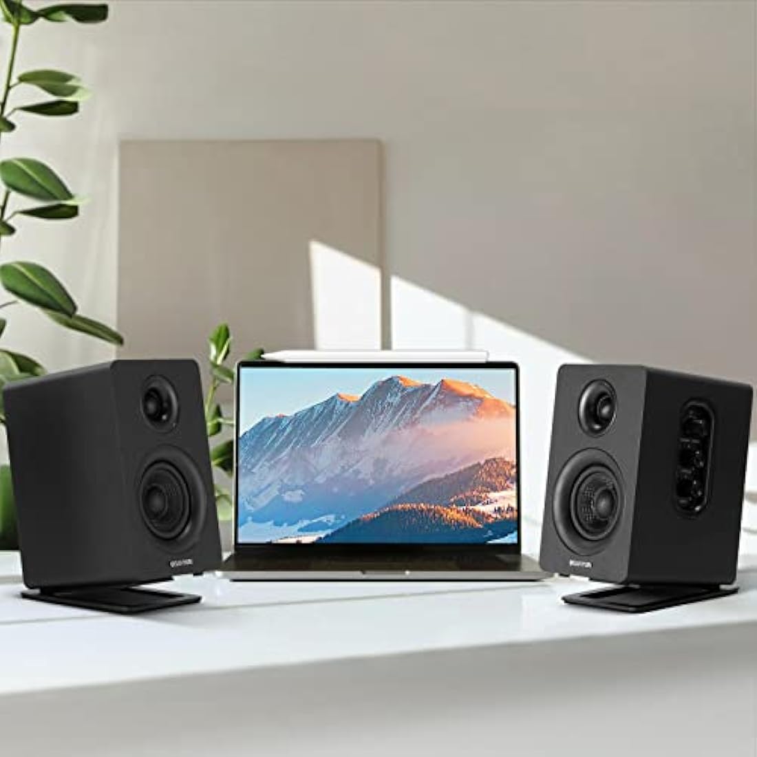 Sanyun SW601 15° Tilted Desk Speaker Stands for Compact 2''-3'' Computer PC Bookshelf Monitor Speakers, Steel Metal Base & Damping Foam Padding (Pair, Black)
