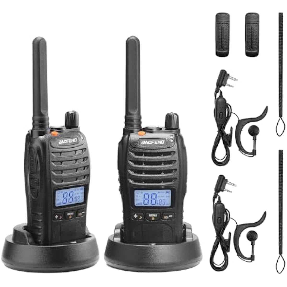 BAOFENG BF-88ST Pro PMR446 Walkie Talkie, Upgraded Long Range Rechargeable License-Free Two Way Radios with LCD Display, VOX Dual Watch, Desktop Charger and Earpieces, 2 pack
